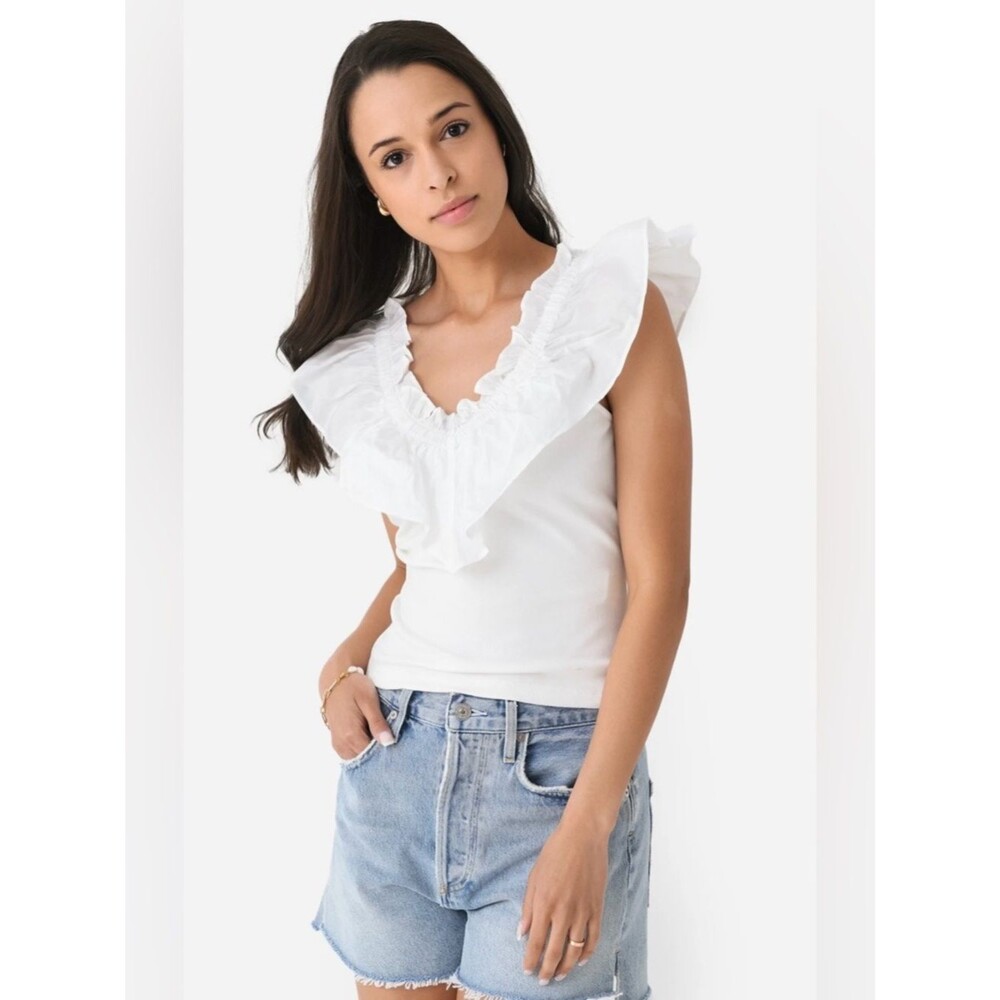 NWT English Factory S White Mixed Media Ruffle Detail Top Cotton Stretch $60